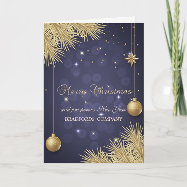 Gold Christmas Tree Branches, Balls Company Holiday Card (Front)