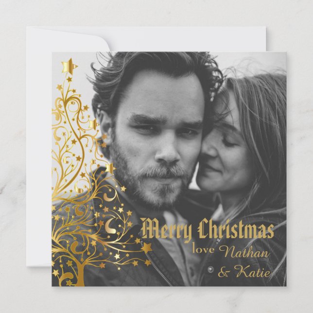 Gold Christmas Tree & Champagne Custom Photo Holiday Card (Front)