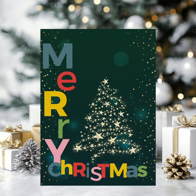  Gold Christmas Tree Colorful Merry Christmas Holiday Card (Creator Uploaded)