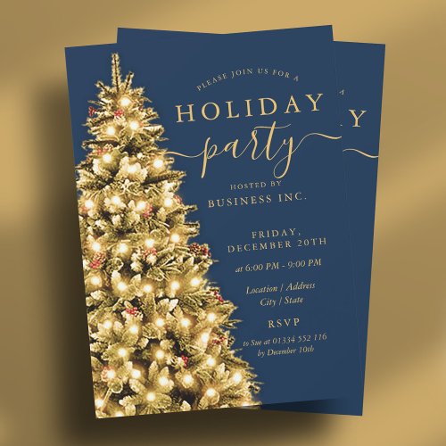 Gold Christmas Tree Corporate Holiday Party Navy  Invitation