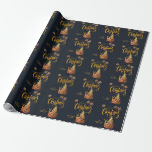 Gold Christmas Tree & Deer Dark Blue Personalized Wrapping Paper