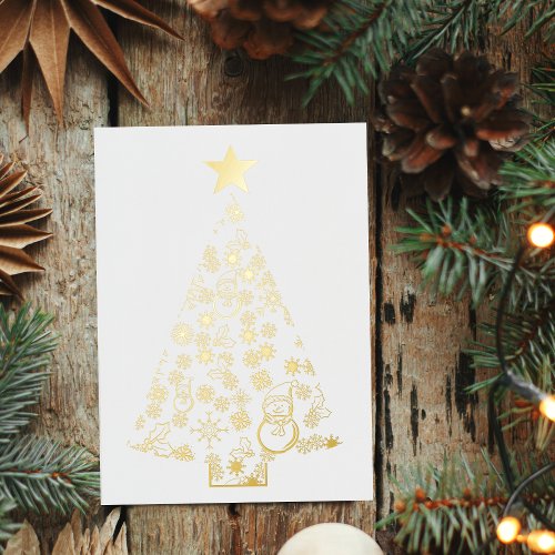 Gold Christmas tree full of snowflakes and snowmen Foil Greeting Card