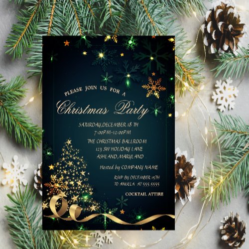 Gold Christmas Tree Green Snowflakes Christmas  Invitation