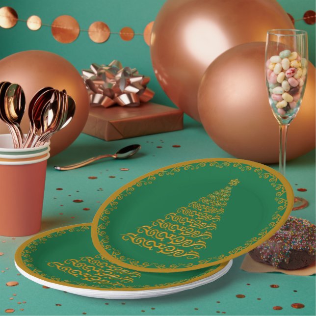 Gold Christmas Tree Holiday Paper Plates (Multi)