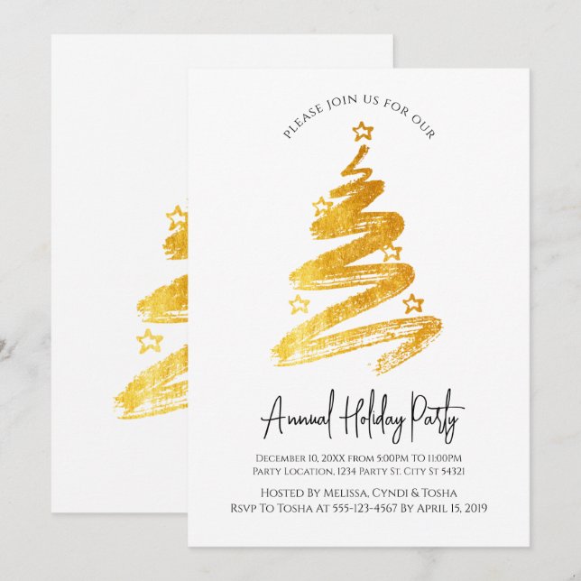 Gold Christmas Tree Holiday Party Invitations (Front/Back)