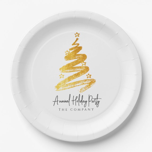 Gold Christmas Tree Holiday Party Paper Plates (Front)