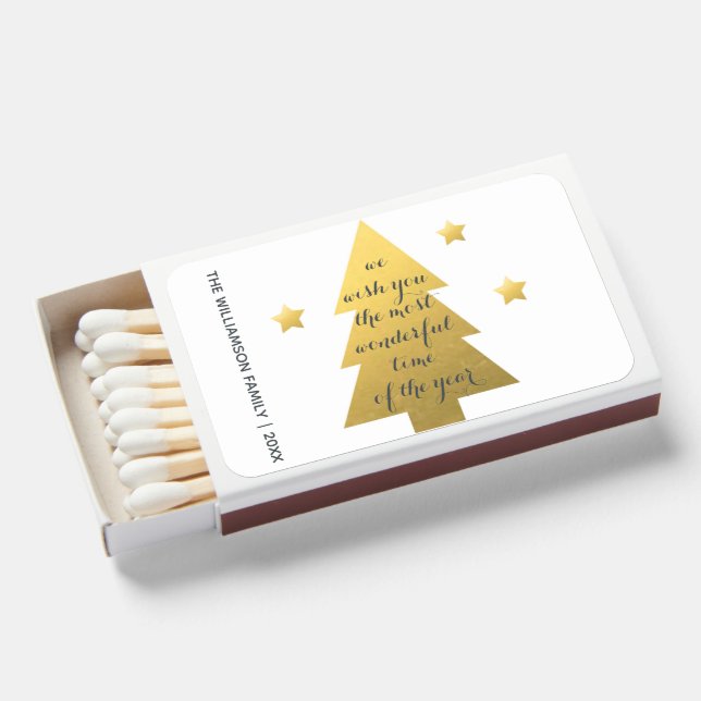 Gold Christmas Tree Holiday Wishes Family Name Matchboxes (Front Open)