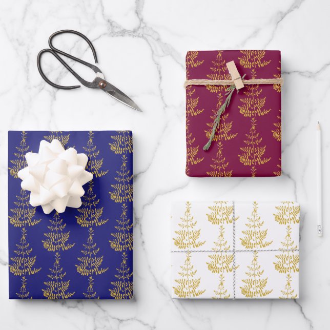 Gold Christmas Tree Holiday Wrapping Paper Sheets (Front)