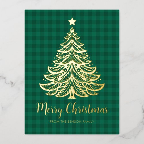 Gold Christmas Tree in Green Plaid Foil Holiday Postcard