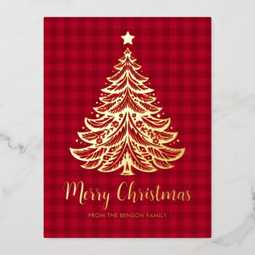 Gold Christmas Tree in Red Plaid Foil Holiday Postcard