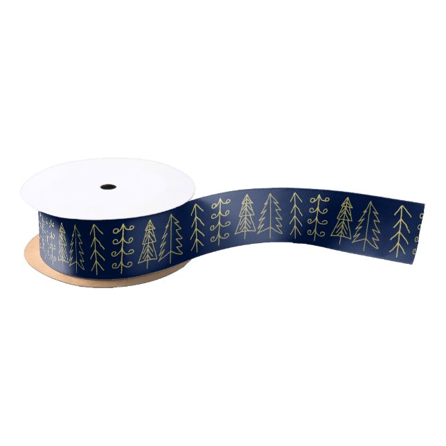 Gold Christmas Tree Modern Pattern Holiday Blue Satin Ribbon (Spool)