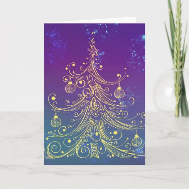 Gold Christmas Tree Motif Purple Teal Holiday Card (Front)