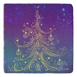 Gold Christmas Tree Motif Purple Teal Trivet