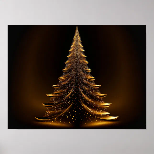 Gold Christmas tree on a black background. Poster | Zazzle