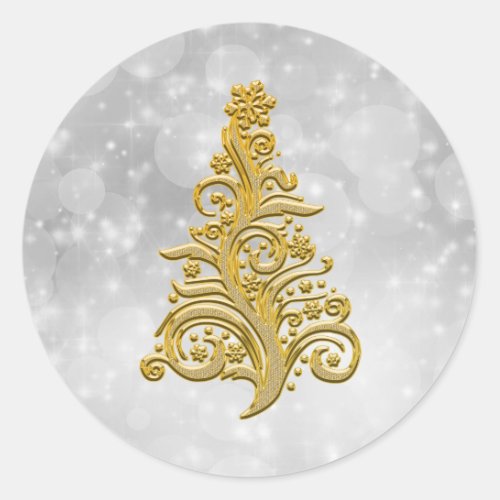 Gold Christmas Tree on a Silver Background Classic Round Sticker