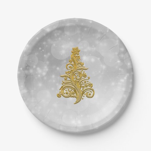 Gold Christmas Tree on a Silver Background Paper Plates