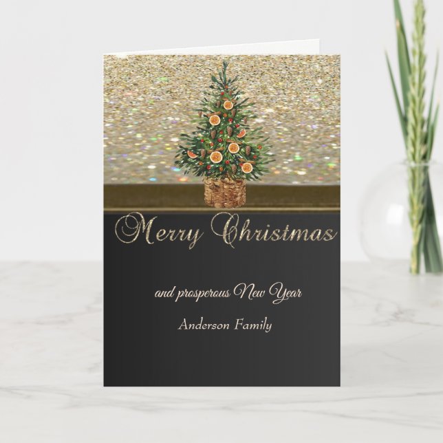 Gold Christmas Tree Orange,Glittery Holiday Card (Front)