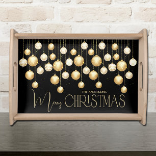 Gold Christmas Tree Ornaments Family Name on Black Serving Tray