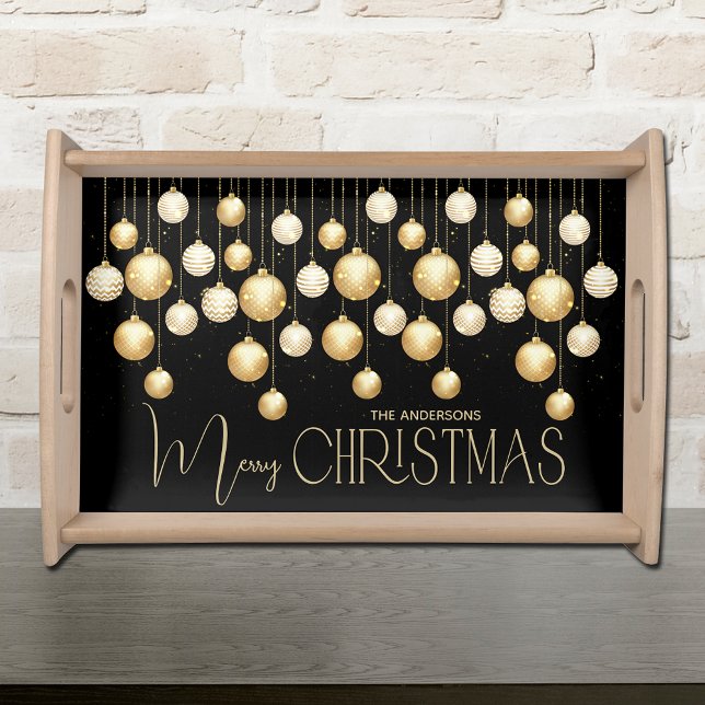 Gold Christmas Tree Ornaments Family Name on Black Serving Tray (Creator Uploaded)