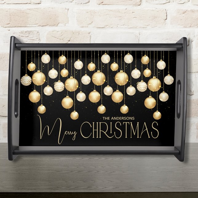 Gold Christmas Tree Ornaments Family Name on Black Serving Tray (Creator Uploaded)