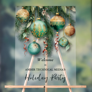 Gold Christmas Tree Ornaments Holiday Party Acrylic Sign