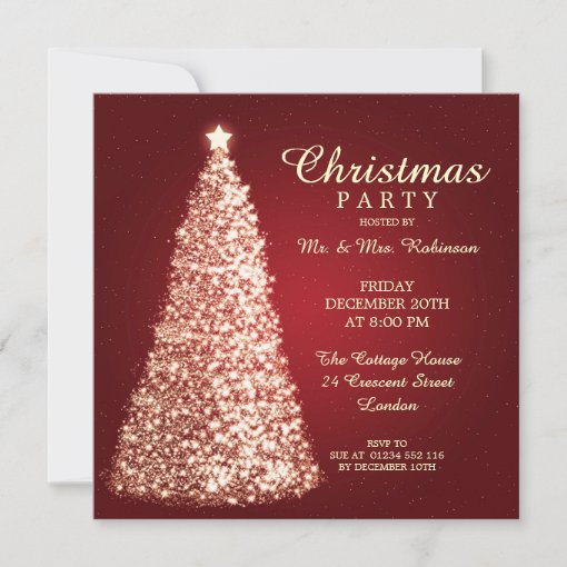 Gold Christmas Tree Party Red Invitation | Zazzle