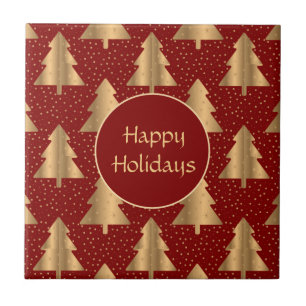 Gold Christmas Tree Pattern on Red Ceramic Tile