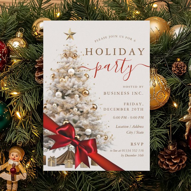 Gold Christmas Tree Red Bow Corporate Holiday  Invitation (Gold Christmas Tree Red Bow Corporate Holiday Invitation)