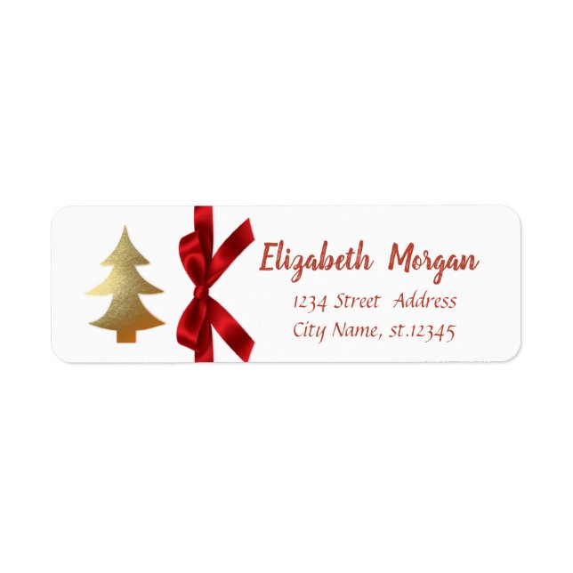 Gold Christmas Tree, Red Bow, Holiday Label (Front)