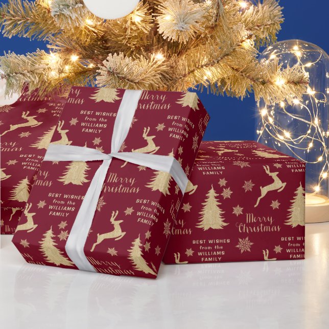 Gold Christmas Tree Reindeer Personalized Wrapping Paper (Holidays)
