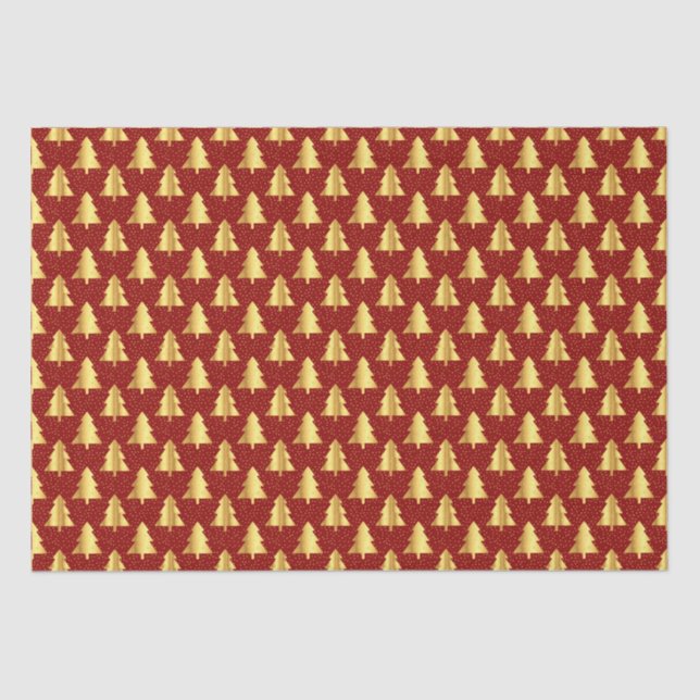 Gold Christmas Tree Seamless Pattern on Red  Tissue Paper (Front)