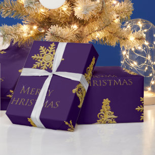 Gold Christmas Tree Snowflake on Purple  Wrapping Paper