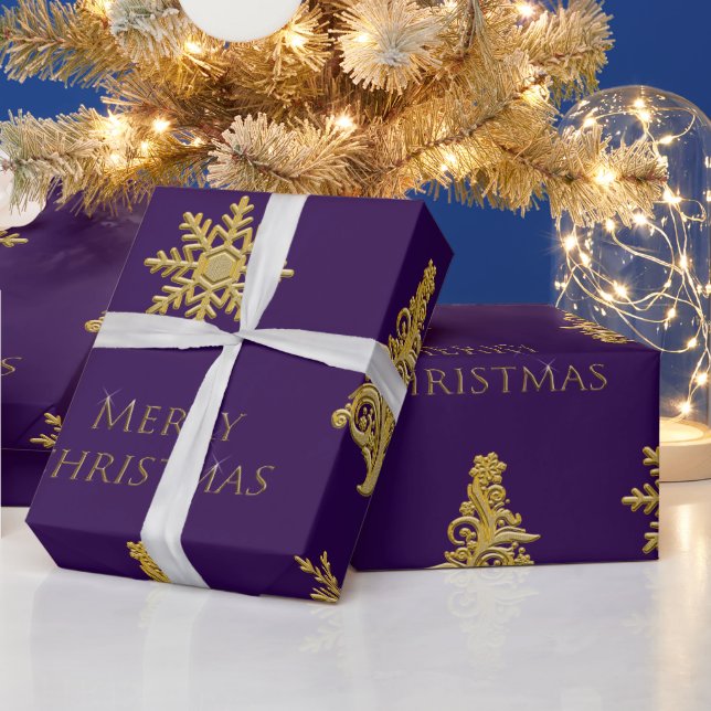 Gold Christmas Tree Snowflake on Purple  Wrapping Paper (Holidays)