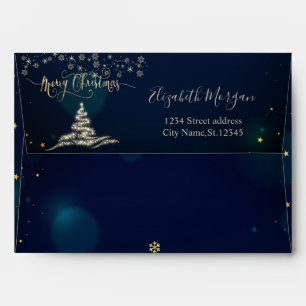 Gold Christmas Tree Snowflakes Blue Christmas Envelope