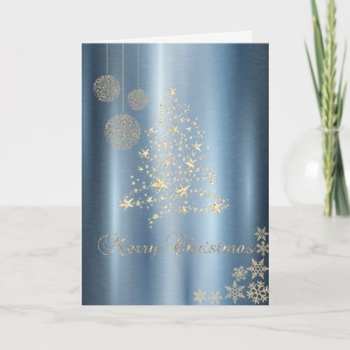 Gold Christmas TreeSnowflakes Blue Metallic Holiday Card