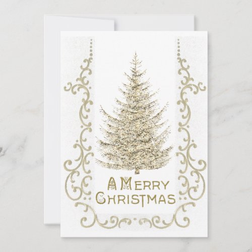 Gold Christmas Tree Swirl Vintage Merry Christmas Holiday Card