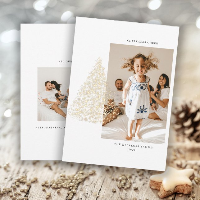 Gold Christmas Tree Two Photo 2022 Holiday Card  (Creator Uploaded)