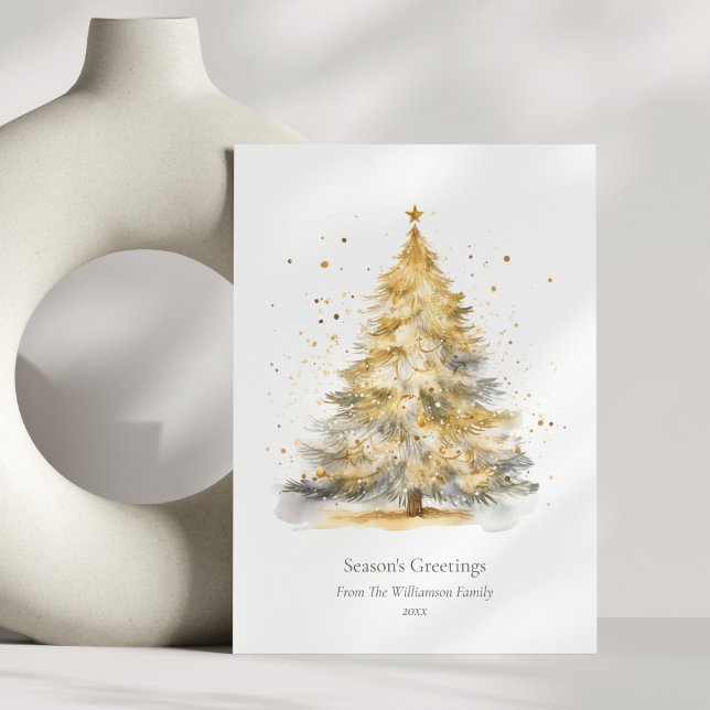 Gold Christmas Tree Watercolor Personalized  Holiday Card (Creator Uploaded)