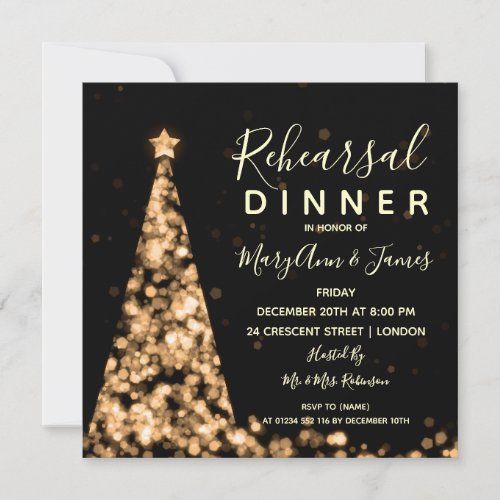 Gold Christmas Tree Wedding Rehearsal Dinner Invitation