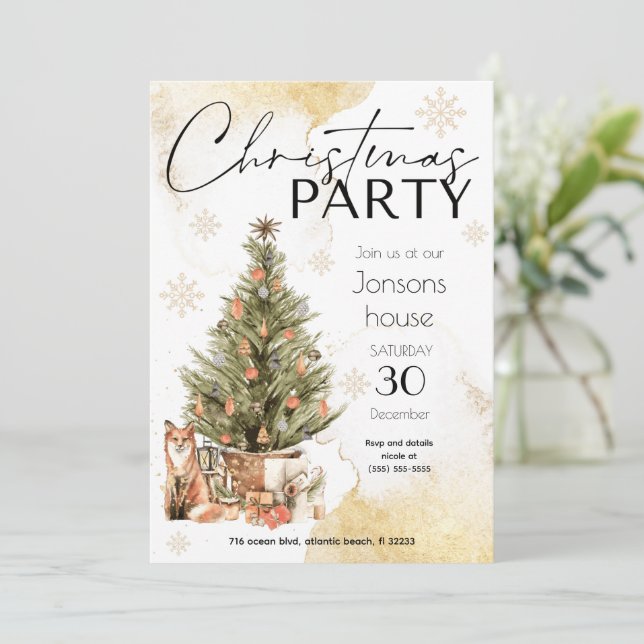 Gold Christmas Tree Winter Party Invitation (Standing Front)