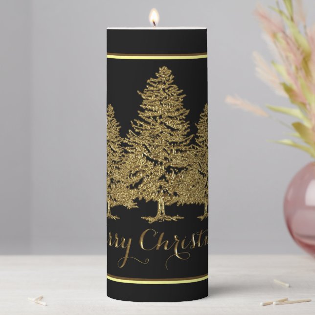 Gold Christmas Trees 3x8 Pillar Candle (In Situ)