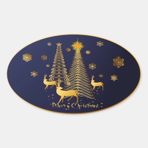 Gold Christmas Trees and Reindeer Oval Sticker
