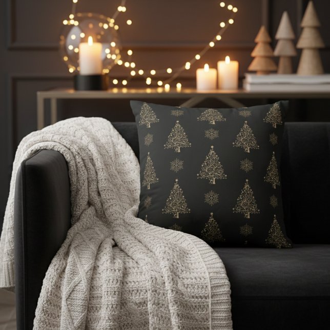 Gold Christmas Trees and Snowflakes Decorative Throw Pillow (Gold Christmas Trees and Snowflakes Decorative Throw Pillow)