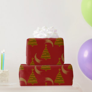 Gold Christmas Trees and Swirls Red Wrapping Paper
