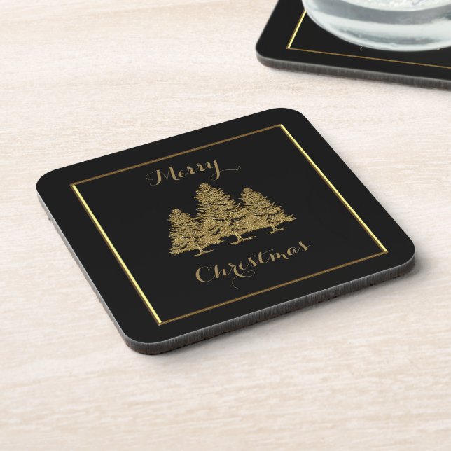 Gold Christmas Trees Beverage Coaster (Left Side)