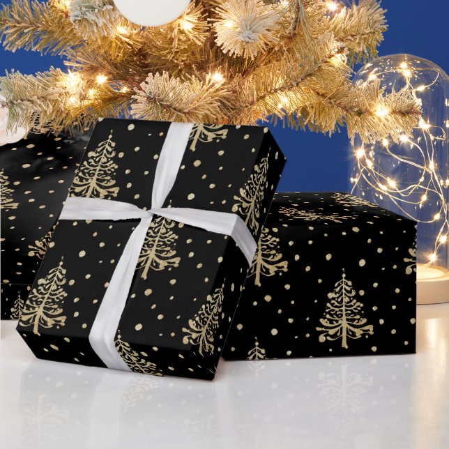 Gold Christmas Trees Gold Falling Snow Black Wrapping Paper (Holidays)