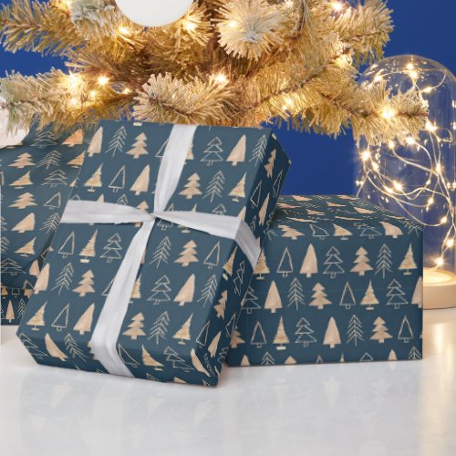 Gold Christmas Trees Midnight Blue Wrapping Paper