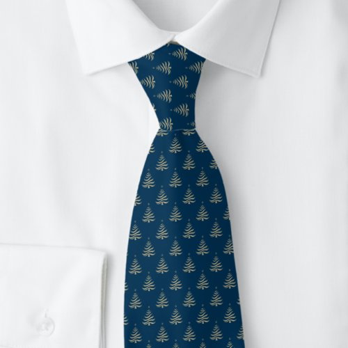 Gold Christmas Trees On Blue Neck Tie