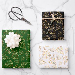 Gold Christmas Trees on Green, Black, White Wrapping Paper Sheets