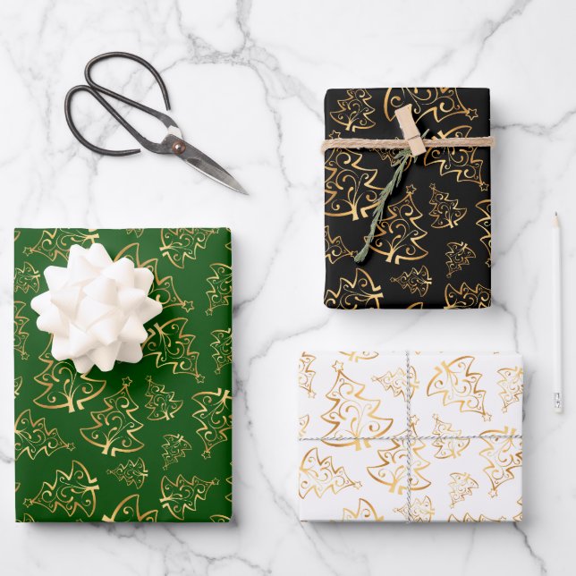 Gold Christmas Trees on Green, Black, White Wrapping Paper Sheets (Front)